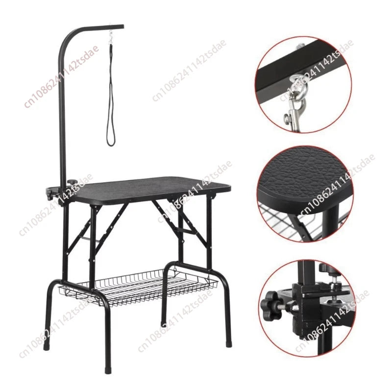 Black metal grooming table with an arm bar, hanging leash, textured top surface, lower wire basket, and three circular detail insets showing close-ups of hardware, the textured seat, and the adjustment bracket.