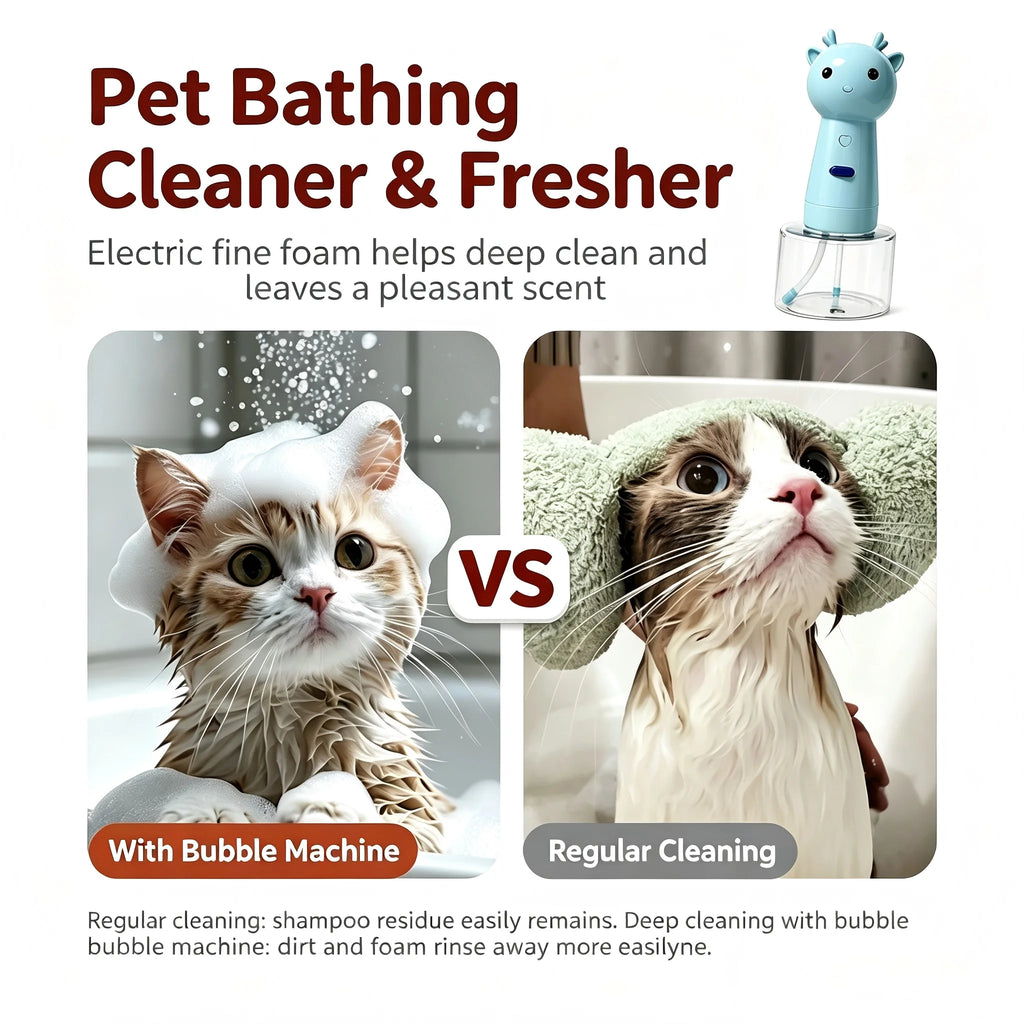 Promotional graphic for a pet bathing cleaner and fresher. The top shows the product: a small blue cat-shaped electric bubble machine on a clear stand.