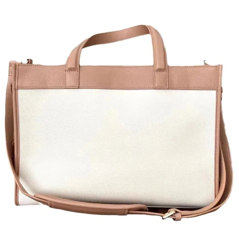A structured tote bag with a cream-colored pebbled front panel and dusty rose-brown handles, trim, and shoulder strap, shown against a plain white background.