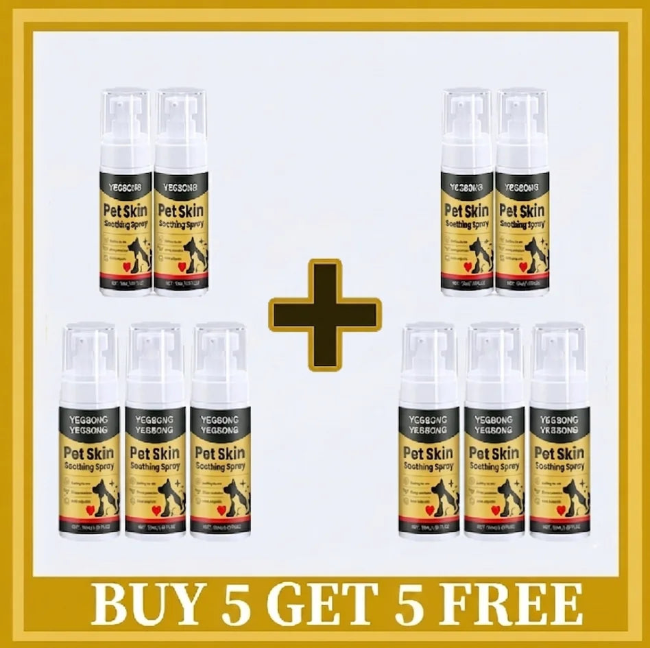 Promotional graphic showing multiple bottles of Vessombo PetSkin Soothing Spray arranged on a white background with a large plus sign and the text 'BUY 5 GET 5 FREE' inside a gold border.