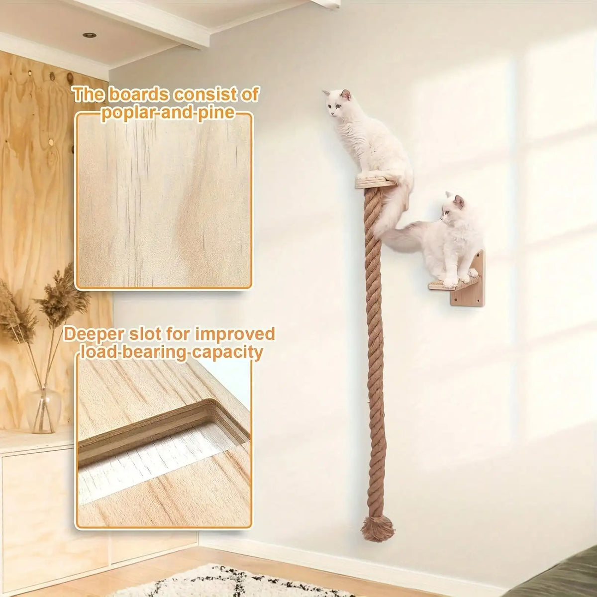Cat climbing wall with wooden boards and rope, featuring a cat on top.