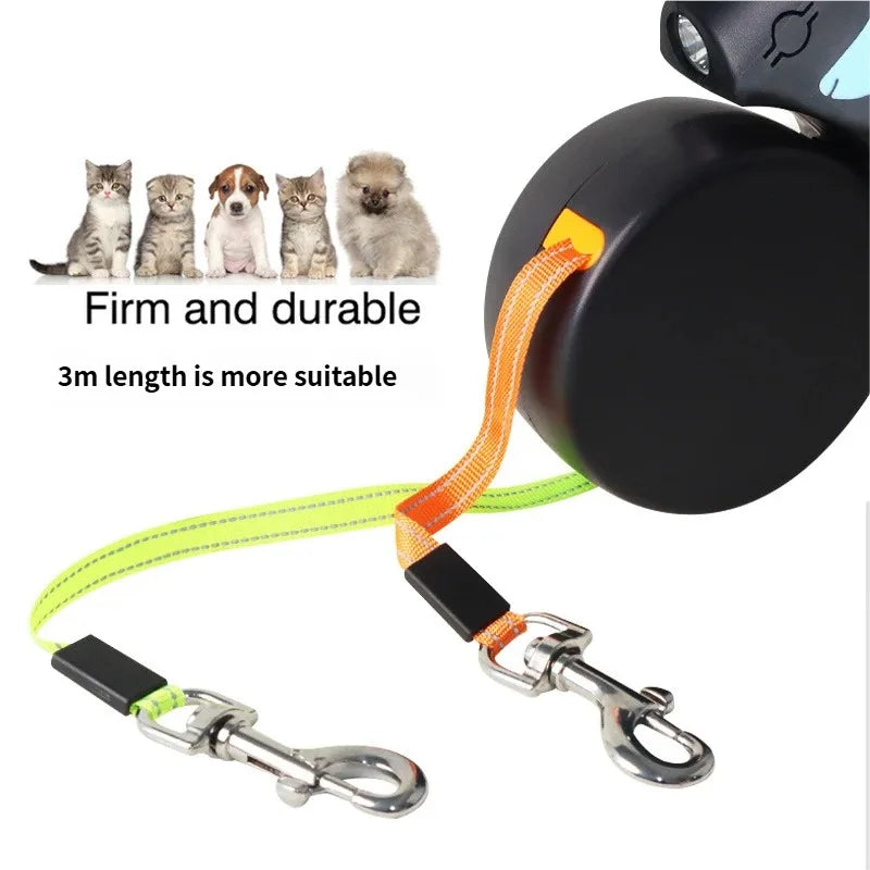 A retractable dog leash with a black circular reel, neon yellow-green strap, orange woven accent, and silver metal clasp, shown on a white background with small cat and dog photos and the text 'Firm and durable' and '3m length is more suitable'.