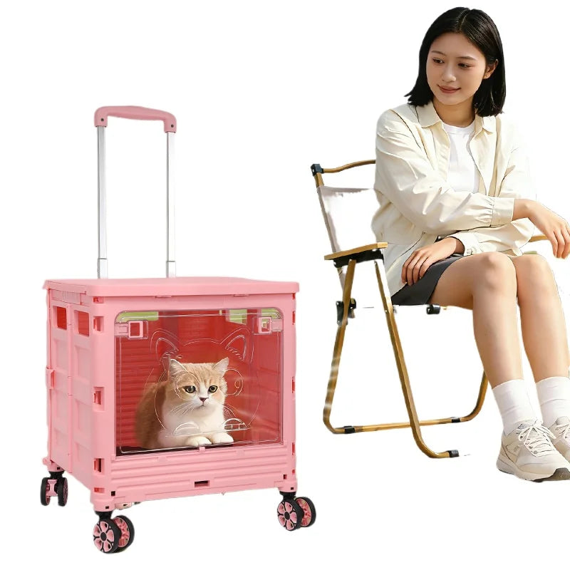 A pink collapsible pet carrier cart with a transparent front panel, shown with a cat inside and next to a seated woman on a folding chair against a white background.
