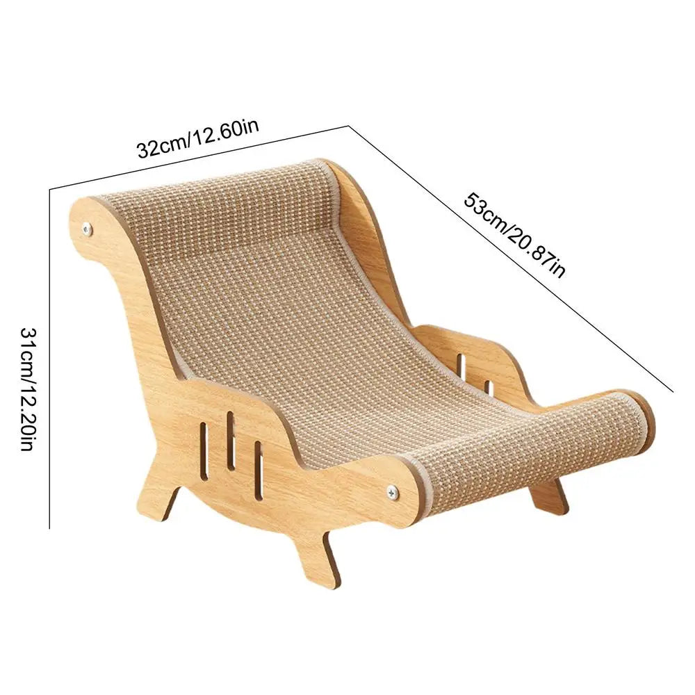 Wooden cat scratcher with dimensions on a white background