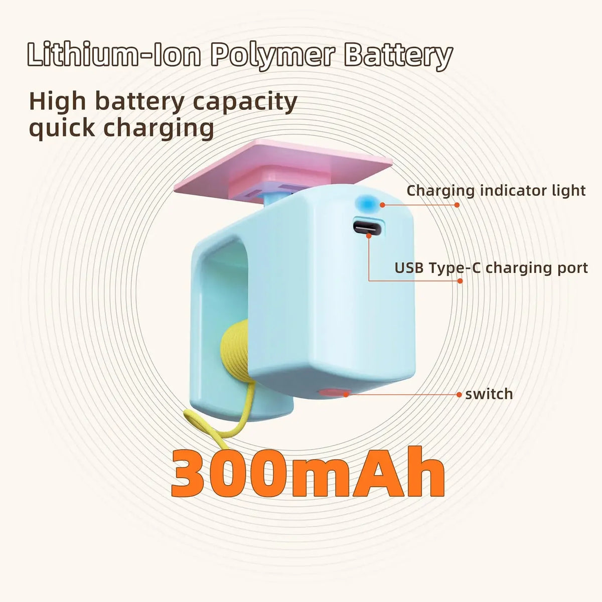 Battery pack with charging port and indicator light labeled, featuring text about lithium-ion polymer battery and quick charging.