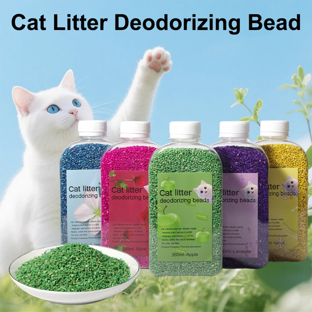 Cat litter deodorizing beads with a white cat and green cat litter.