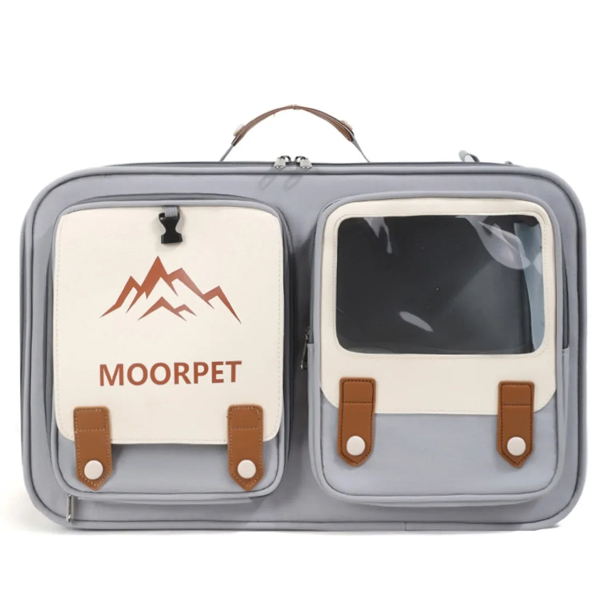 A gray and cream pet travel bag with two front pockets, one featuring a brown mountain logo and the word 'MOORPET', and the other with a clear window. The bag has brown faux-leather strap details and a top handle, shown against a plain white background.