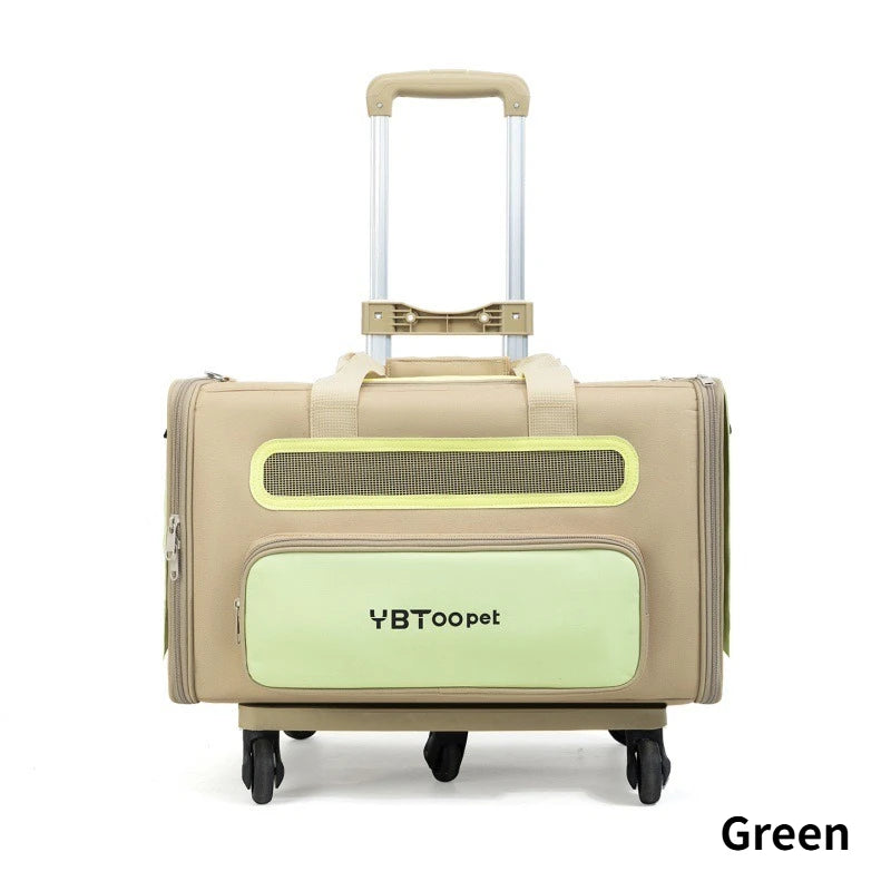 A beige pet carrier suitcase with an extended telescoping handle and four wheels, featuring a light green front pocket with the brand name 'YBToopet' and a matching light green accent strip on the upper front. The word 'Green' is printed in black in the bottom right corner.