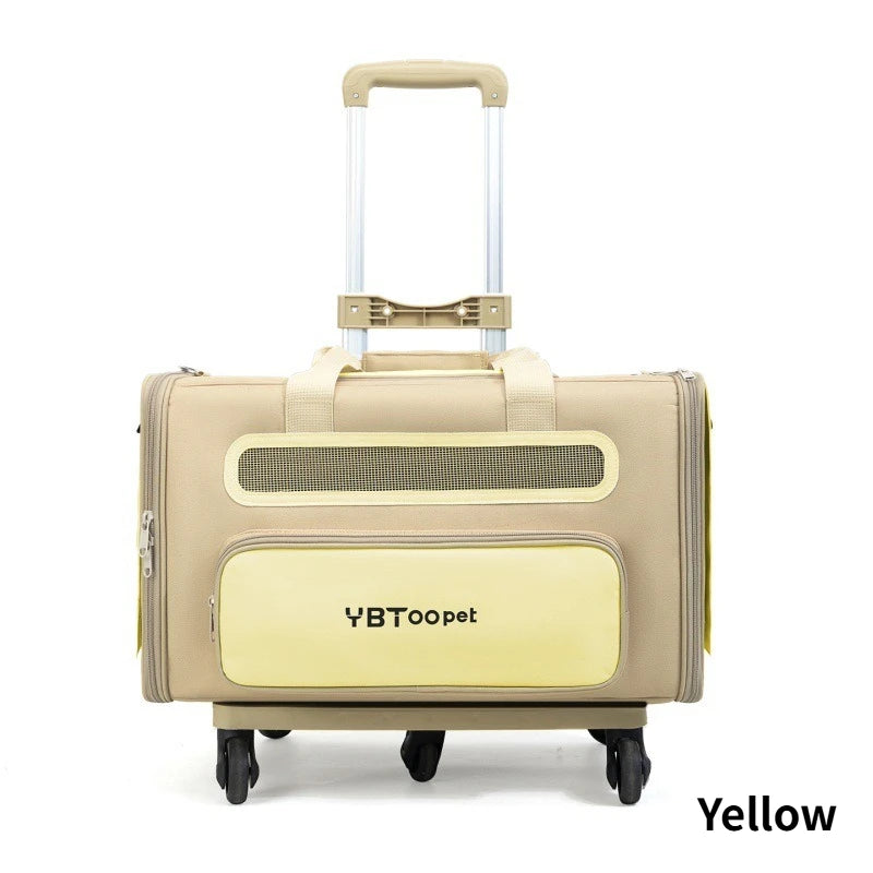 A beige pet rolling carrier suitcase with an extended telescoping handle and four wheels, featuring a pale yellow front pocket with the brand name 'YBToopet' printed on it. The word 'Yellow' is printed in black text in the bottom right corner.