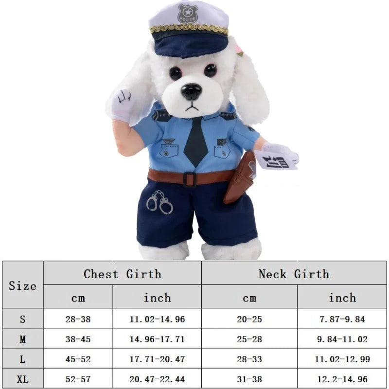 Plush toy dog in police uniform with size chart on a white background