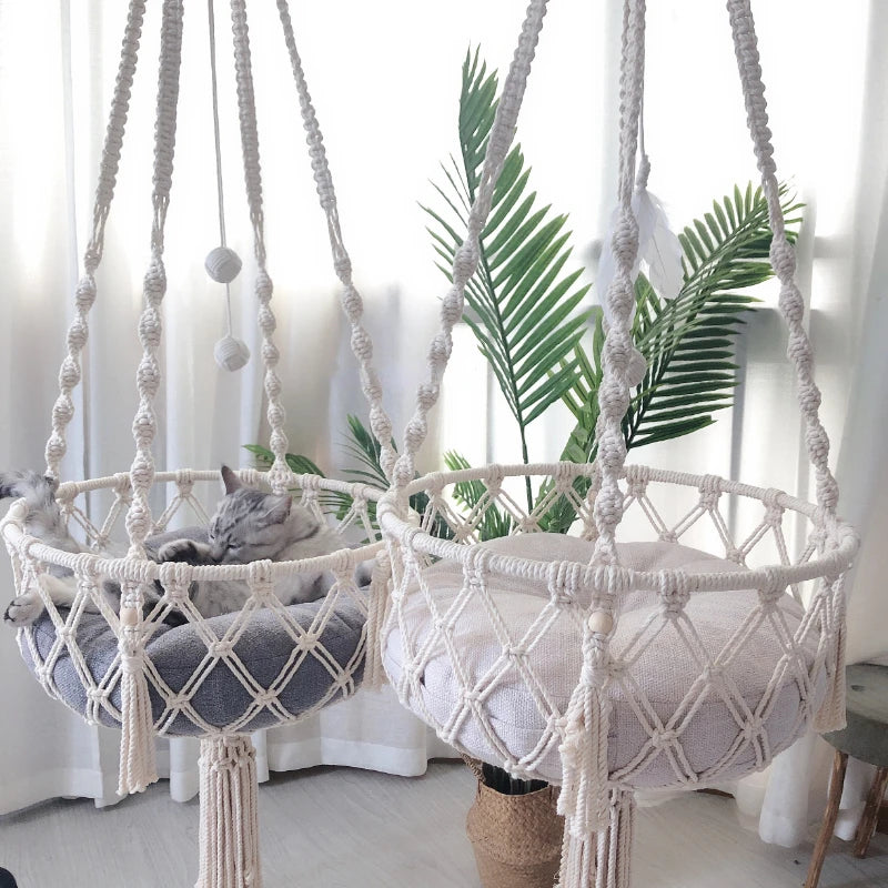 Bohemian Cat Hammock Swing Bed – Handwoven Cotton Macramé