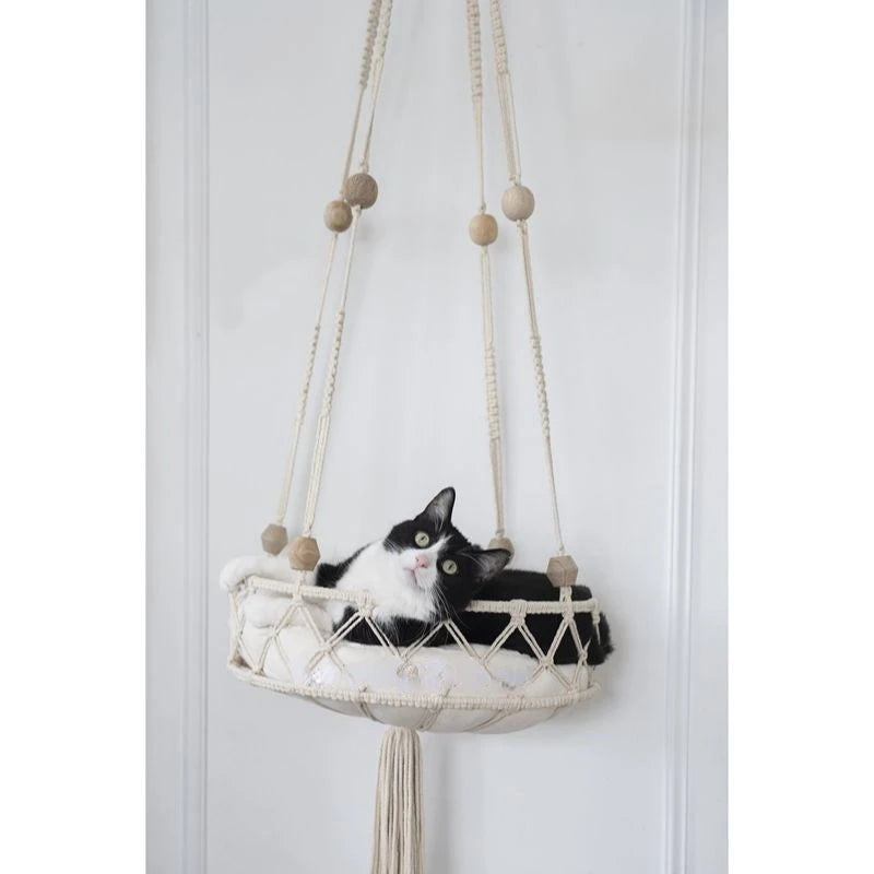 Bohemian Cat Hammock Swing Bed – Handwoven Cotton Macramé