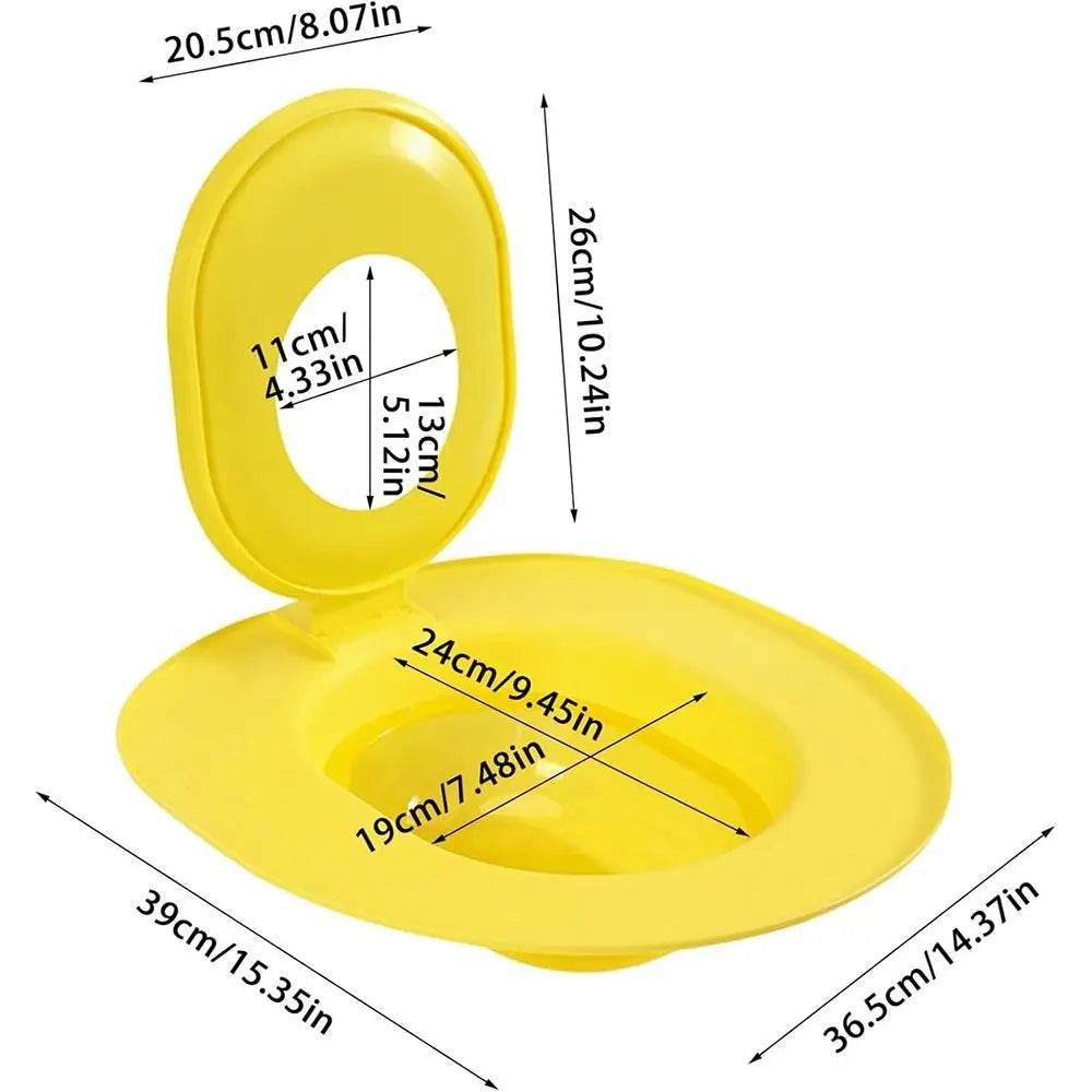 Yellow plastic product with dimensions labeled on a white background