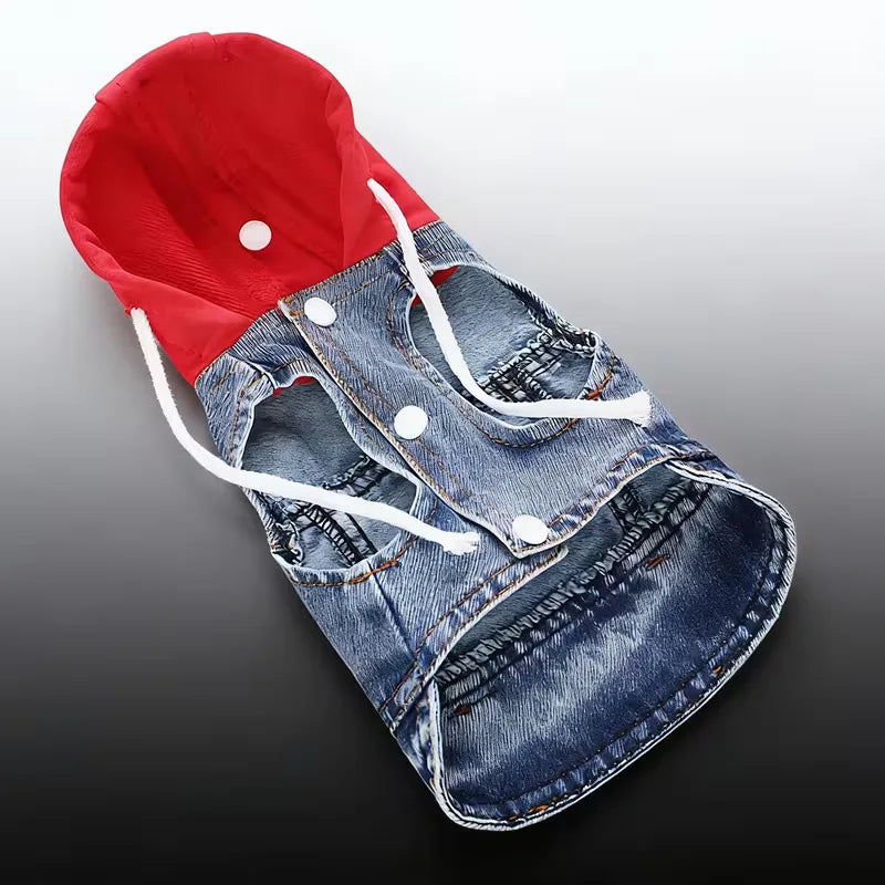 Dog coat with red hood and denim body on a gradient background