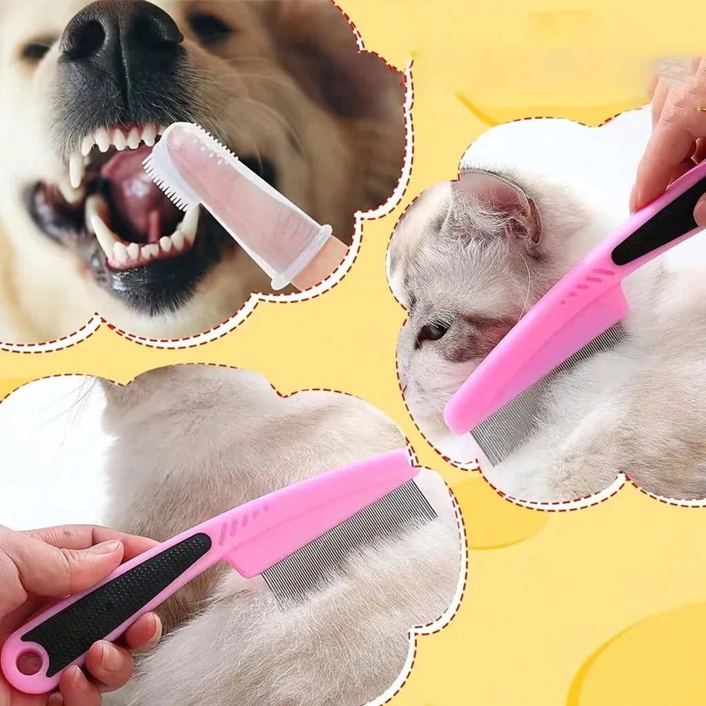 Pink and black pet grooming brushes shown being used on a dog and a cat, with inset close-ups of the animals and a hand holding the brush against a yellow background.
