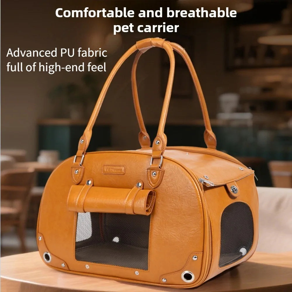 Brown pet carrier with text highlighting comfort, breathability, and advanced PU fabric.