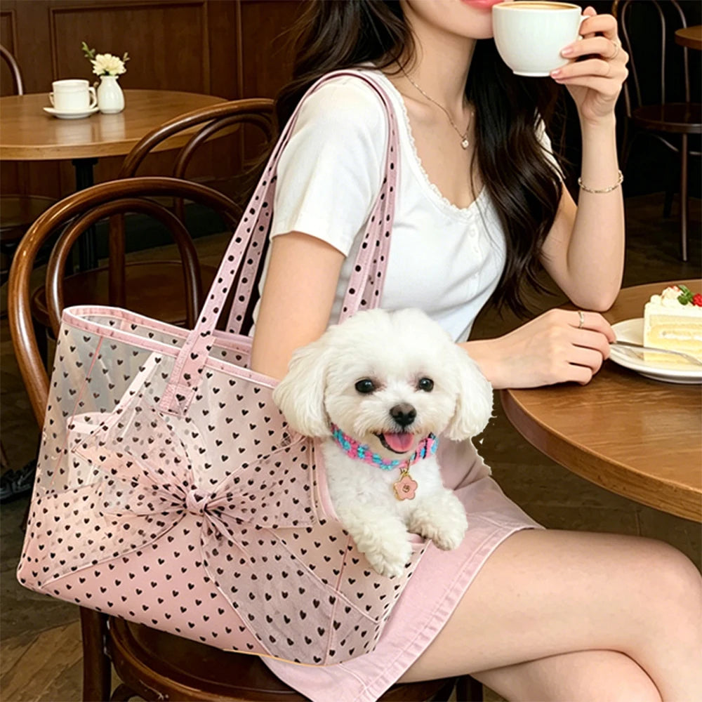 Heart Mesh Pet Bag & Sakura Collar Set