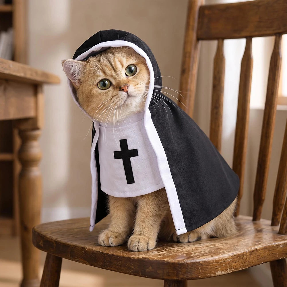 A fluffy orange cat wearing a small black and white hooded robe with a black cross on the chest, sitting on a wooden chair in a warm indoor setting.
