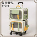 A two-tier pet carrier suitcase with an extendable telescoping handle and four wheels, featuring light green mesh windows, gray fabric panels, and yellow-orange trim. The image includes Chinese text in the top left corner reading '双层背包 + 拉杆' (Double-layer backpack + handle).