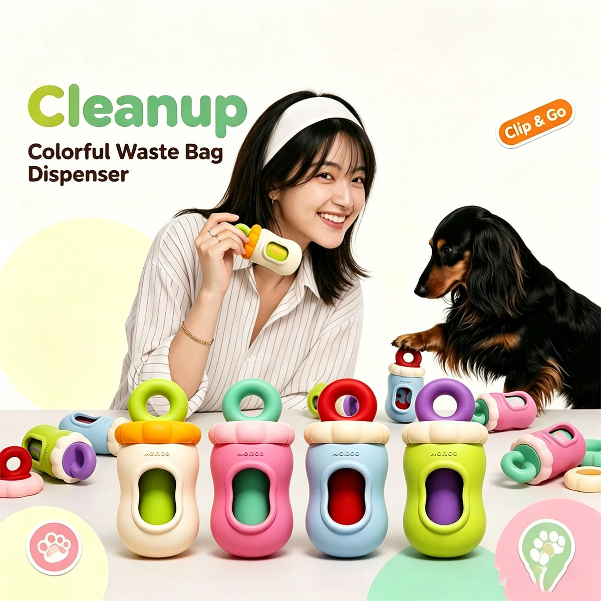 A woman holds a colorful clip-on waste bag dispenser while a dachshund sits beside her. Several more dispenser bags in different colors are arranged on the table in front of them.