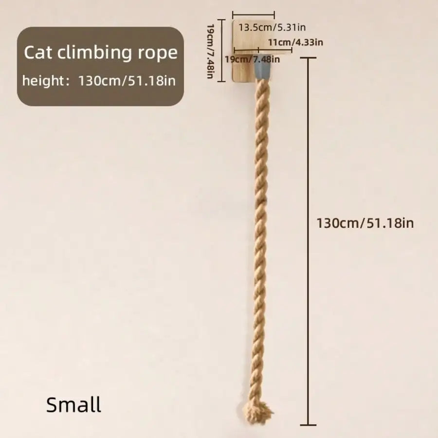 A cat climbing rope shown vertically on a plain light beige background with overlaid dimension labels and text reading 'Cat climbing rope', 'height: 130cm/51.18in', 'Small', and measurement guides.