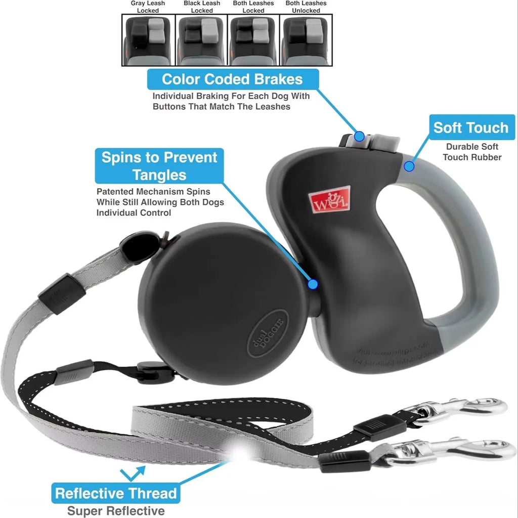 A dog leash set shown on a white background with callout labels explaining features such as color-coded brakes, spins to prevent tangles, soft touch rubber, and reflective thread. The leash body is black and gray, with a gray strap and metal clips.