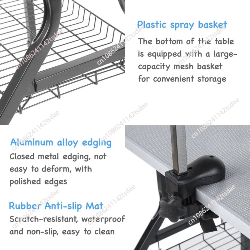 A product feature collage showing a metal table with text callouts: plastic spray basket for storage, aluminum alloy edging, and a rubber anti-slip mat. The image includes close-up views of the basket, table edge, and clamp attachment on a white background with blue headings.