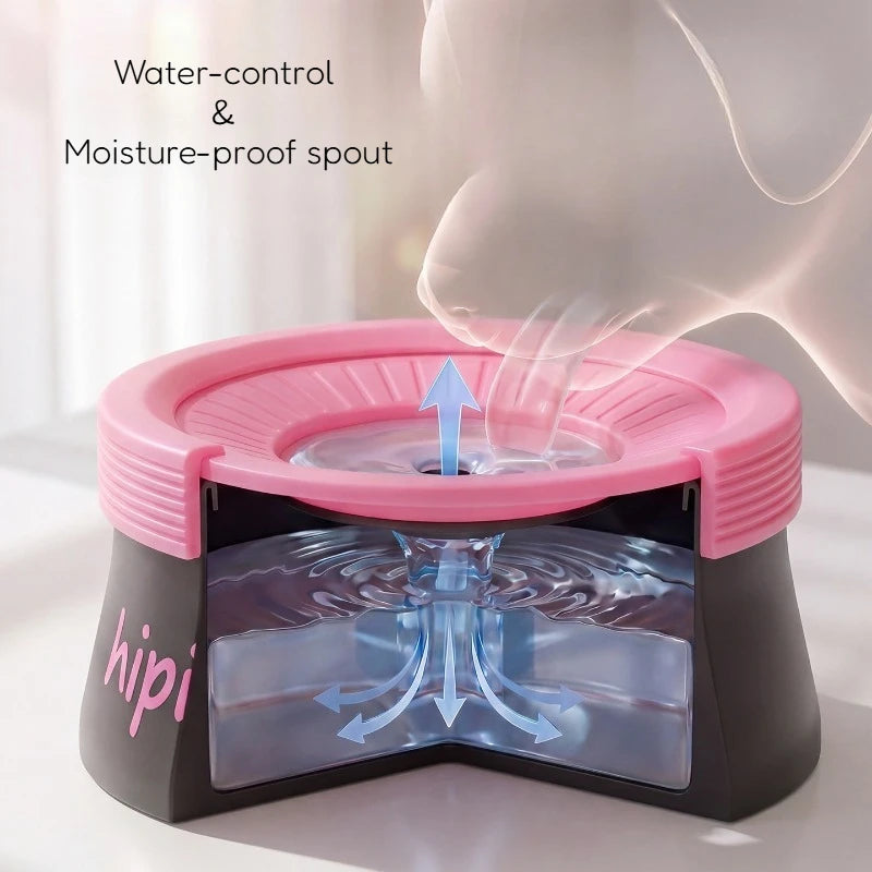 A hip bath fountain with a pink lid, black base, and clear water reservoir, shown with a semi-transparent hand above it demonstrating water flow. Text on the image reads 'Water-control & Moisture-proof spout' and 'hipi'.