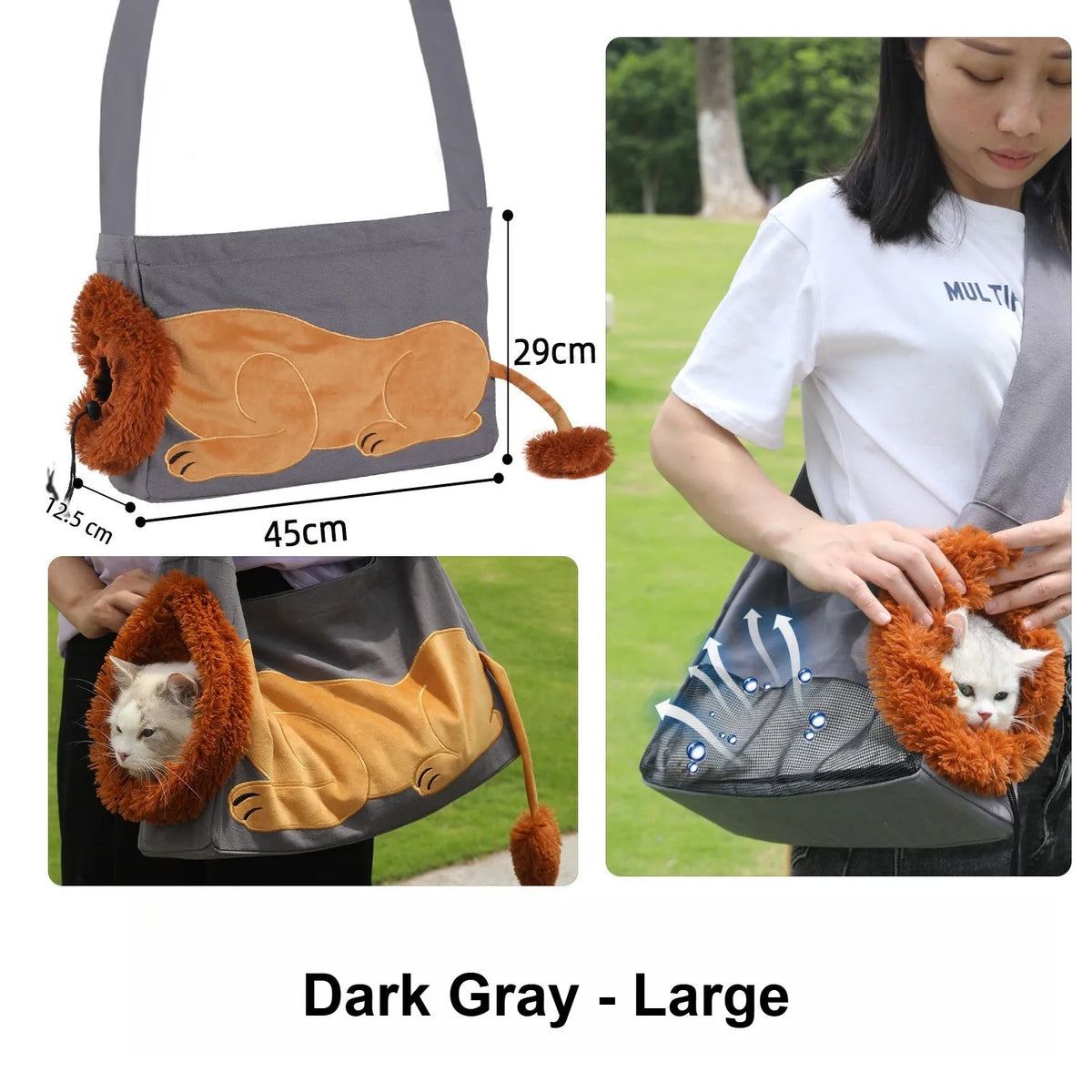 A dark gray and tan lion-shaped pet carrier bag shown in a product diagram with dimensions, plus two lifestyle photos of a woman carrying a small white cat in the bag outdoors on grass.