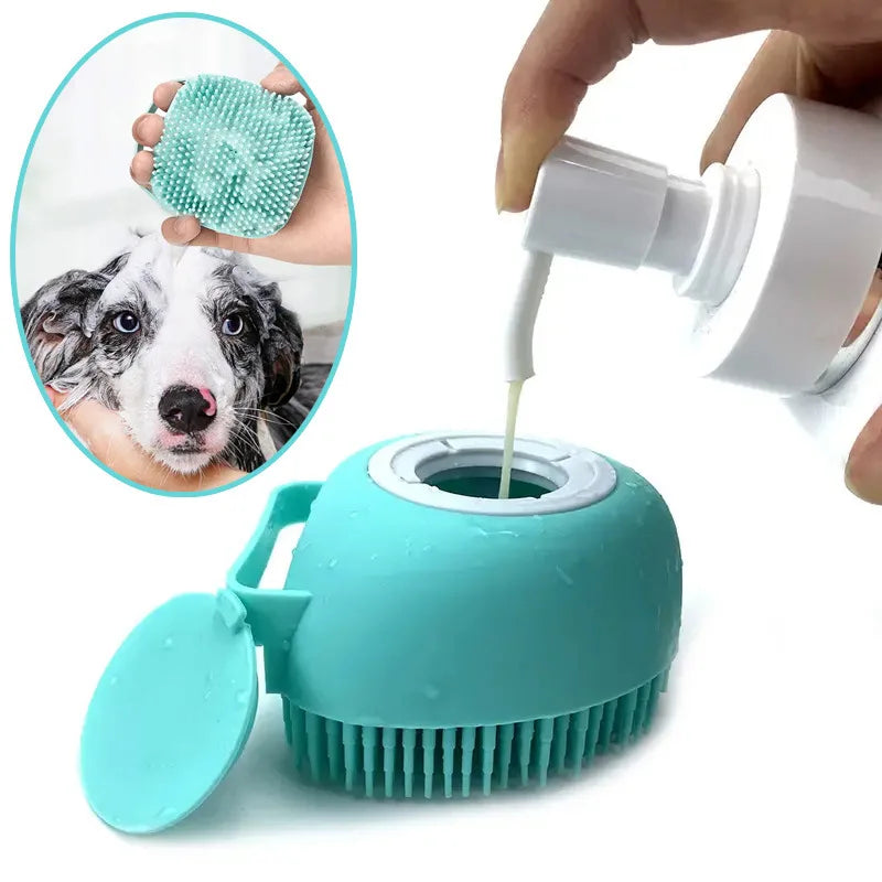 A pet hair remover brush in mint green silicone with a handle and bristle base, shown with a white pump bottle dispensing liquid into the top opening. A circular inset shows a hand holding a teal silicone pet brush and a wet dog in the background.