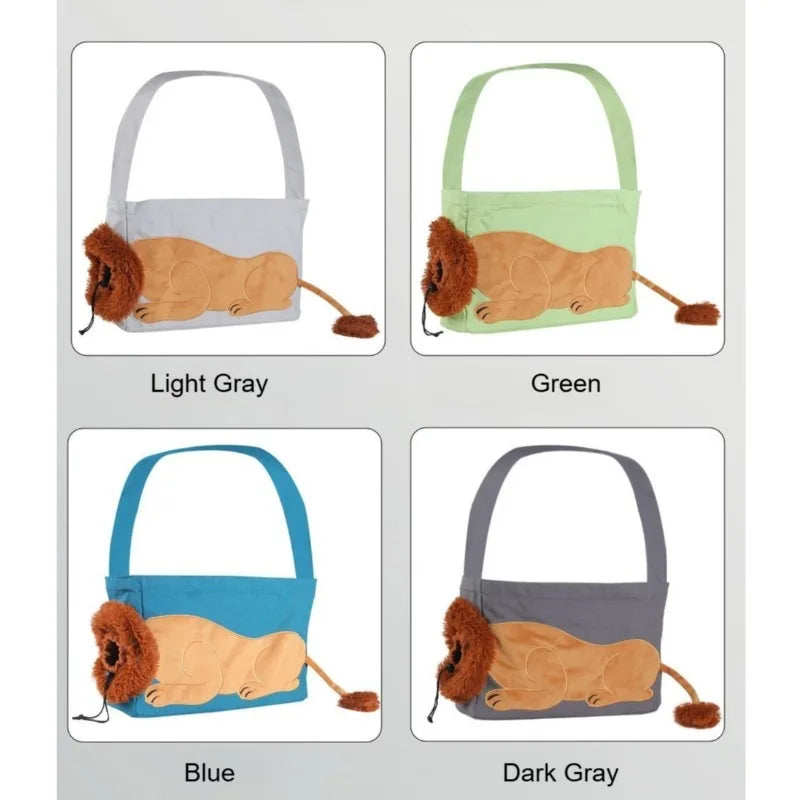 Four color options for a shoulder bag shaped like a sleeping lion, shown in a 2x2 grid with labels: Light Gray, Green, Blue, and Dark Gray.