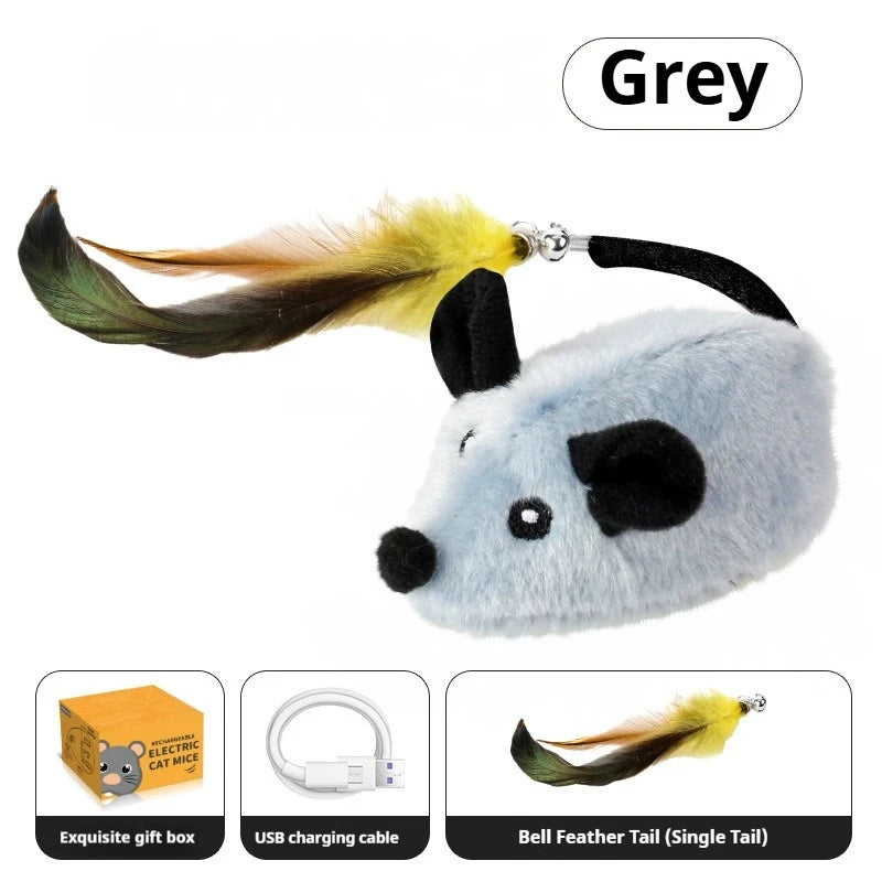 Plush cat toy shaped like a mouse with feather tail on a white background