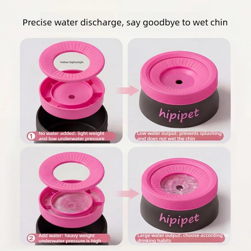 Instructional graphic showing the hippet water dispenser in four panels with Chinese text, demonstrating how to open and close the pink and black device and explaining water output behavior.