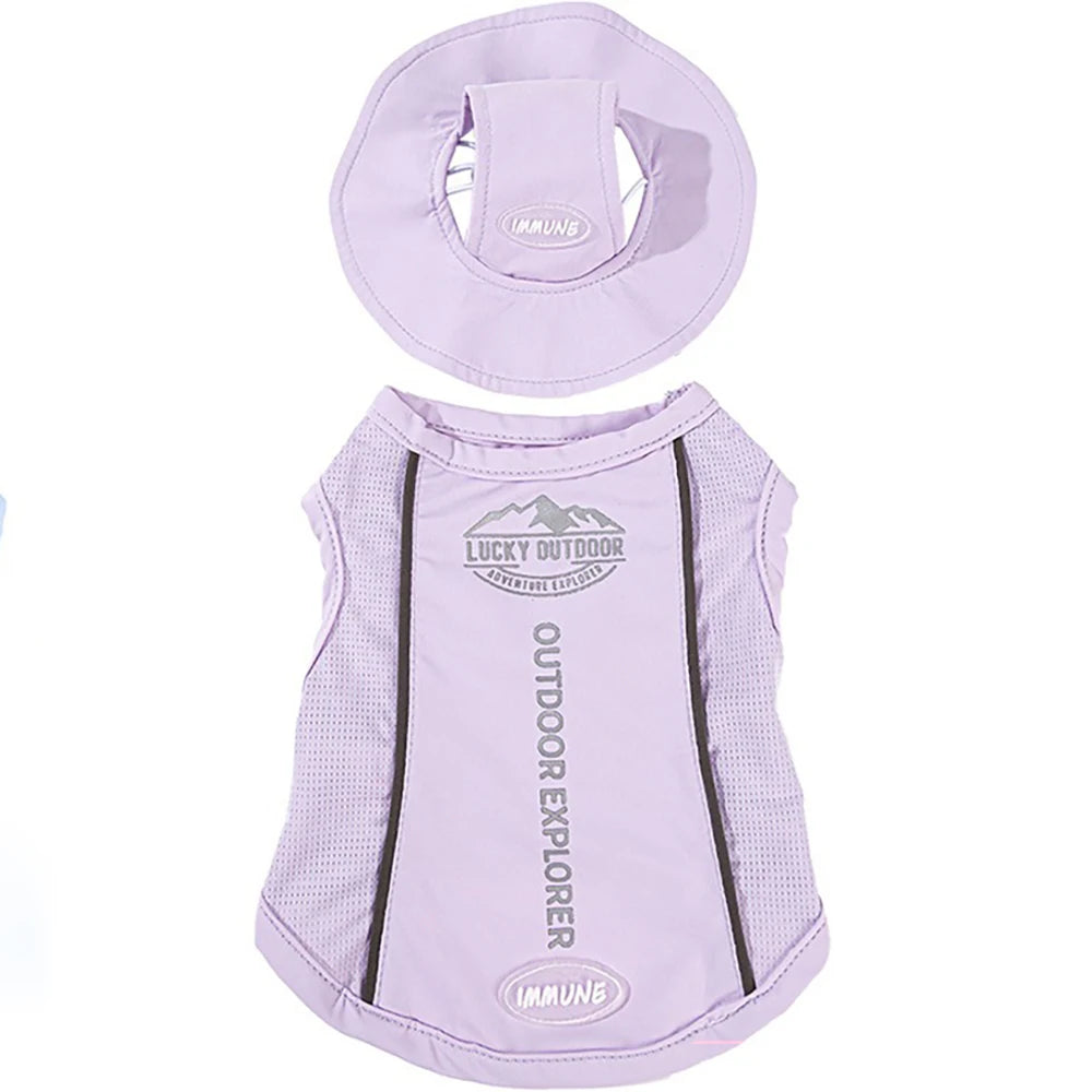 Lavender dog vest and hat set with 'Lucky Outdoor' branding on a white background