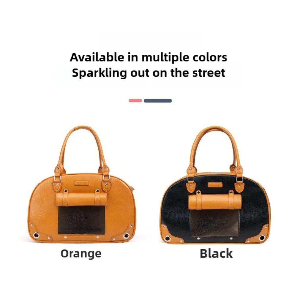 Two pet carriers, one orange and one black, with text indicating color options.