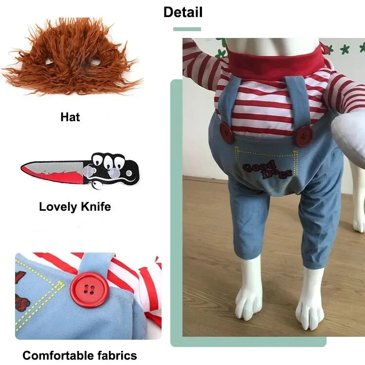 Costume components including a hat, knife, and overalls on a mannequin.