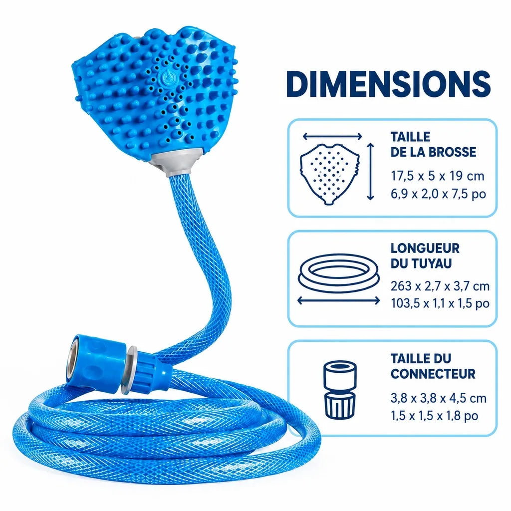 Blue silicone massage shower head with a flexible braided hose and connector, shown on a white background with French dimension callouts and text.