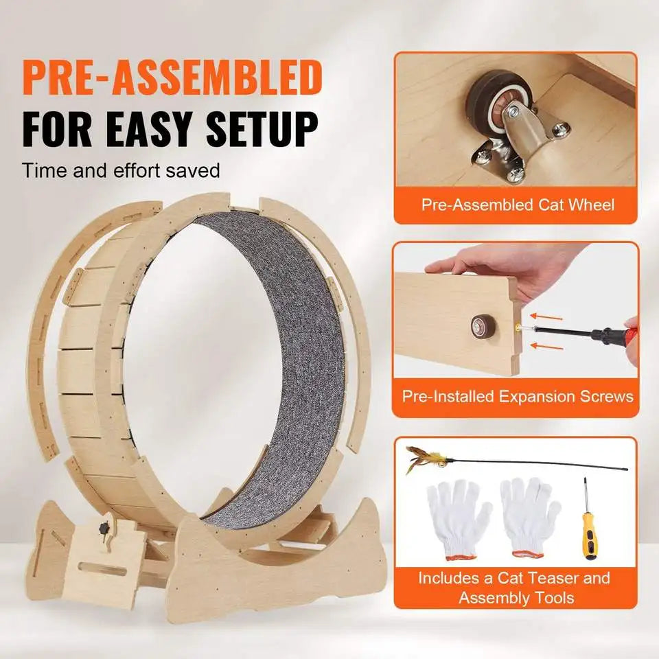 Pre-assembled cat wheel with tools and screws on a white background