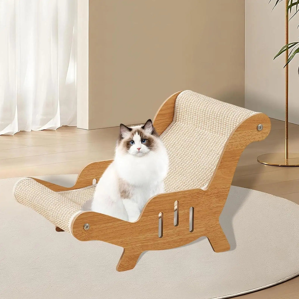 A fluffy white and brown cat sits inside a wooden pet lounge chair with beige woven fabric cushions, set on a round rug in a bright, modern room.