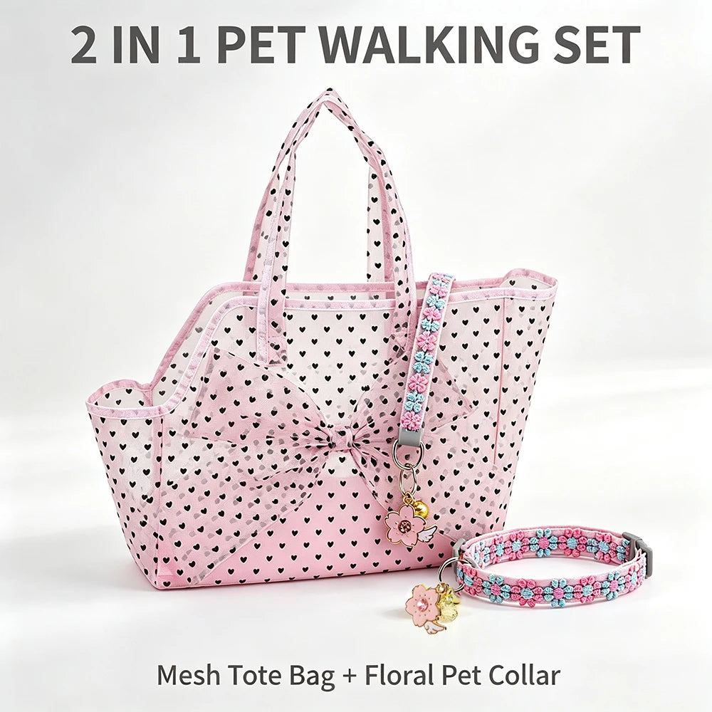 Heart Mesh Pet Bag & Sakura Collar Set