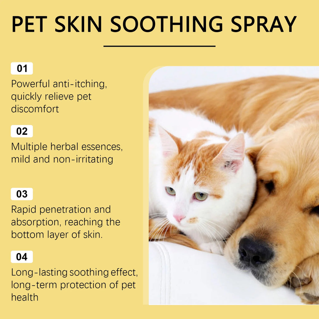 Advertisement for pet skin soothing spray with a dog and cat lying together on a yellow background.