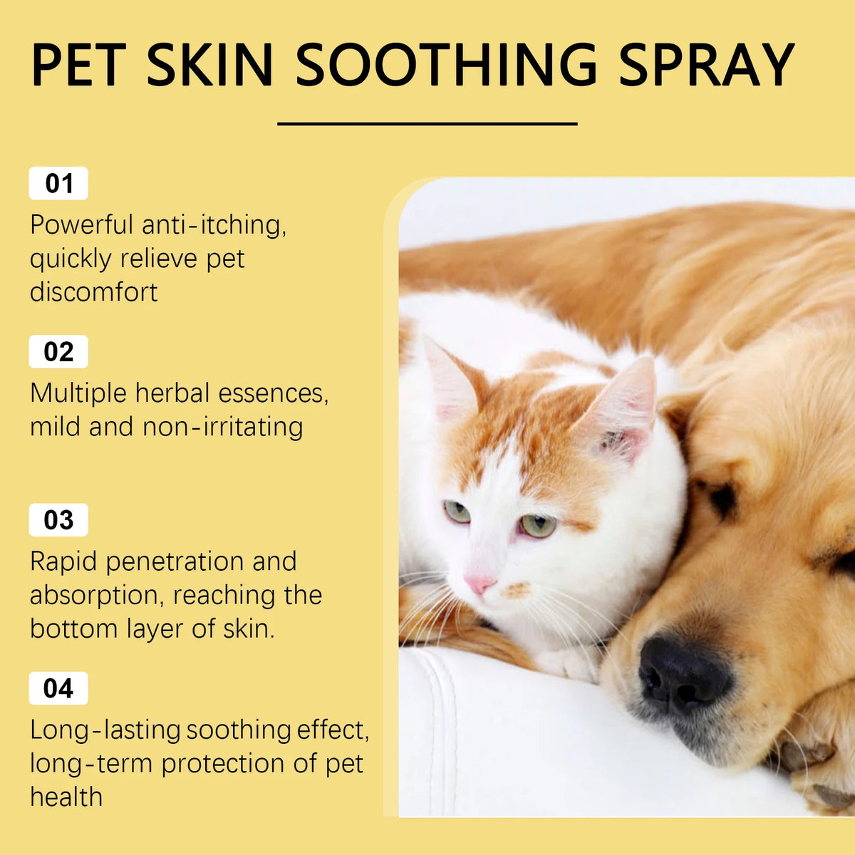 Advertisement for pet skin soothing spray with a dog and cat lying together on a yellow background.
