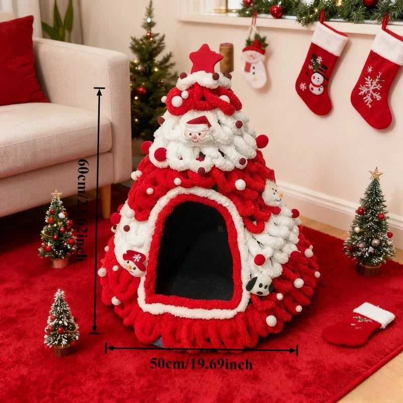 Christmas-themed pet house with measurements on a red rug, surrounded by festive decorations.