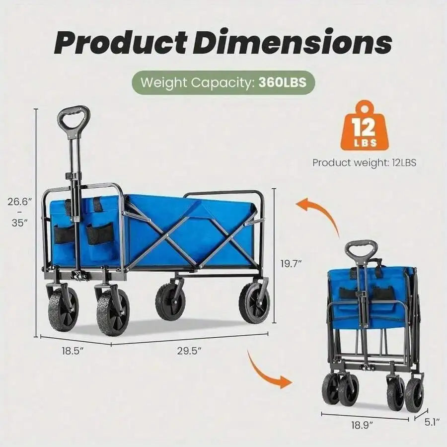 Product dimensions diagram for a blue and black folding utility wagon, showing both unfolded and folded views with measurements, weight capacity of 360LBS, and product weight of 12LBS.
