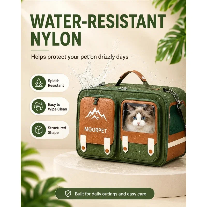 A green and brown pet carrier with a cat visible through a front window, shown on a pedestal with marketing text reading 'WATER-RESISTANT NYLON' and feature callouts. The carrier has a visible 'MOORPET' logo on the front.
