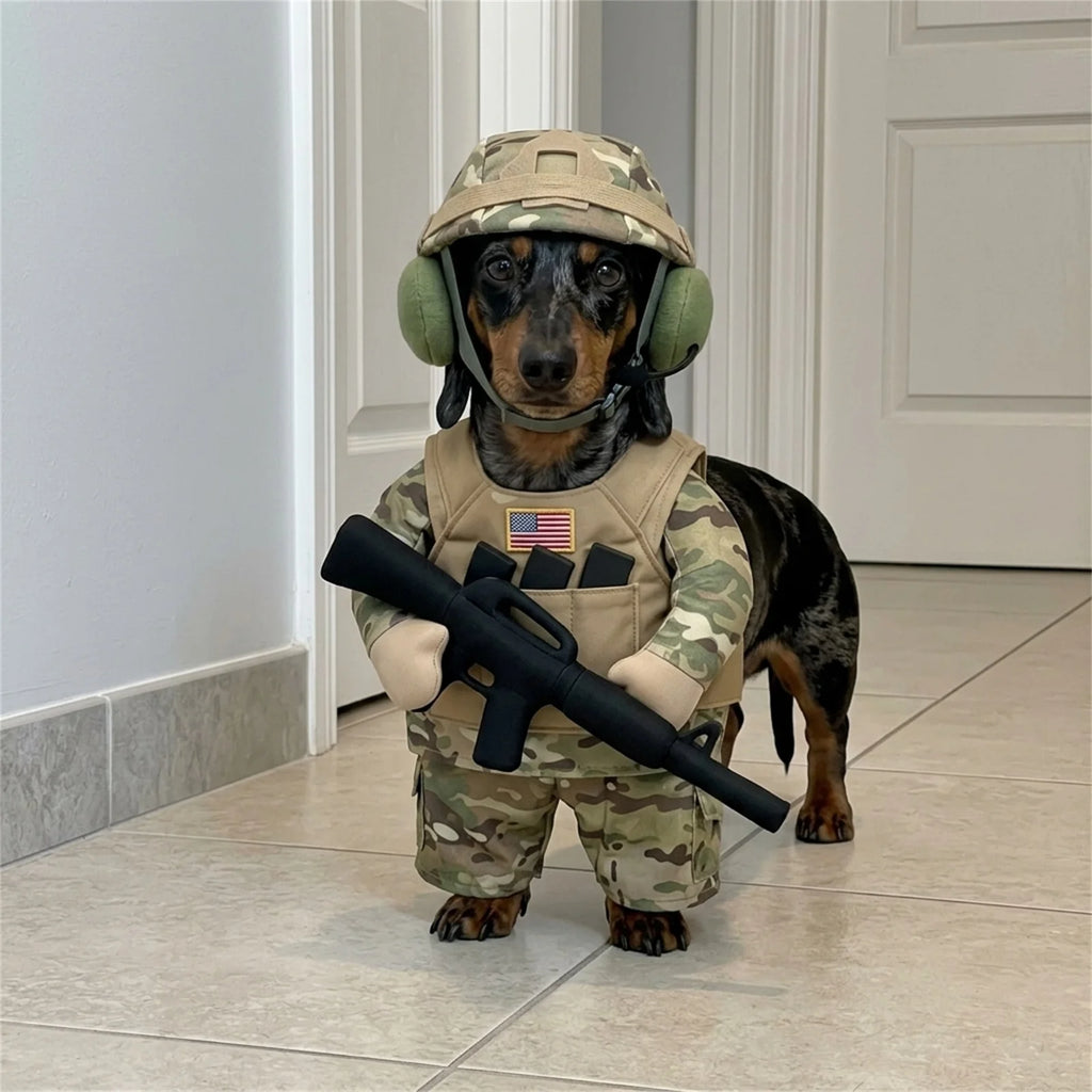 Small Dog Soldier Costume with Hat | Camouflage Halloween Outfit
