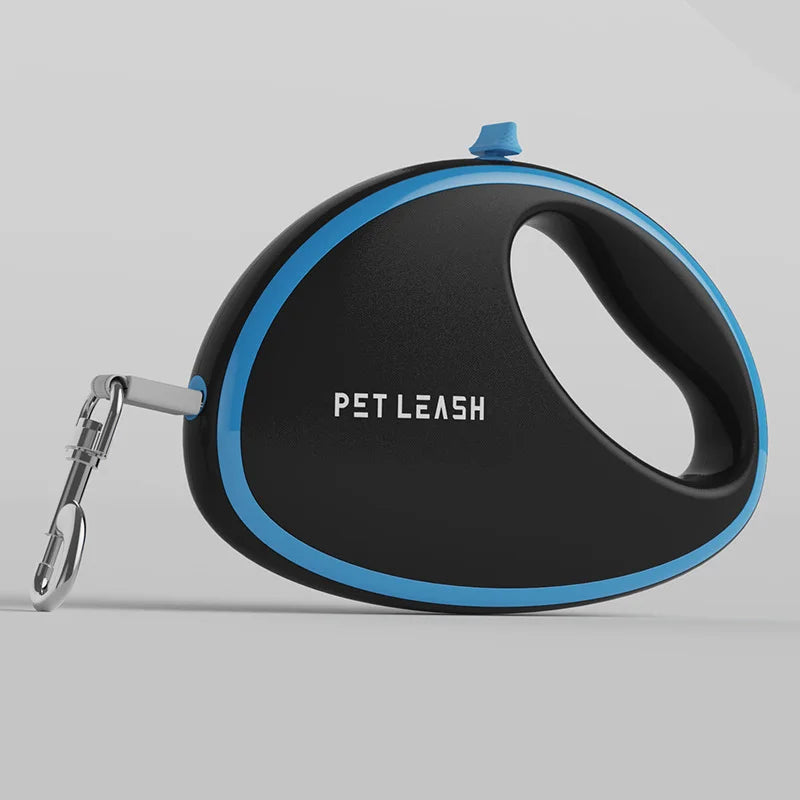 A retractable pet leash with a black body, bright blue trim, and a silver metal clip, shown on a light gray background. The brand name 'PET LEASH' is printed in white on the side.