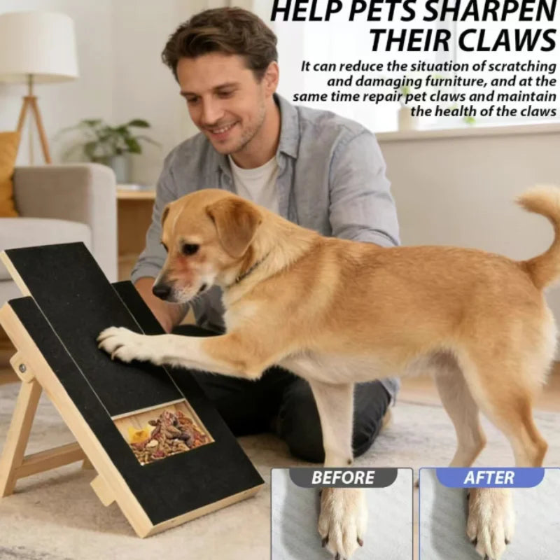 Wooden Dog Scratching Board with Treat Box & Nail Trim Pad – Interactive Paw Care Toy