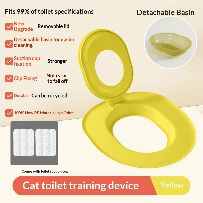 Yellow cat toilet training device with detachable basin and suction cup fixation on a beige background.