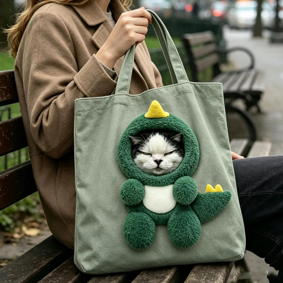 A person sitting on a park bench holds a large sage green canvas tote bag featuring a 3D plush cat dressed in a green dinosaur costume with yellow accents.